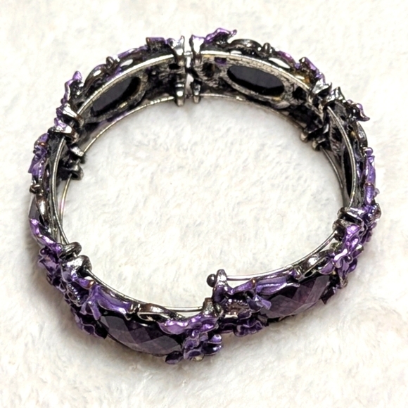 Vintage Purple Enamel Floral Bracelet w/ Pink Rhinestone Accents Wrap Bracelet - Picture 6 of 9